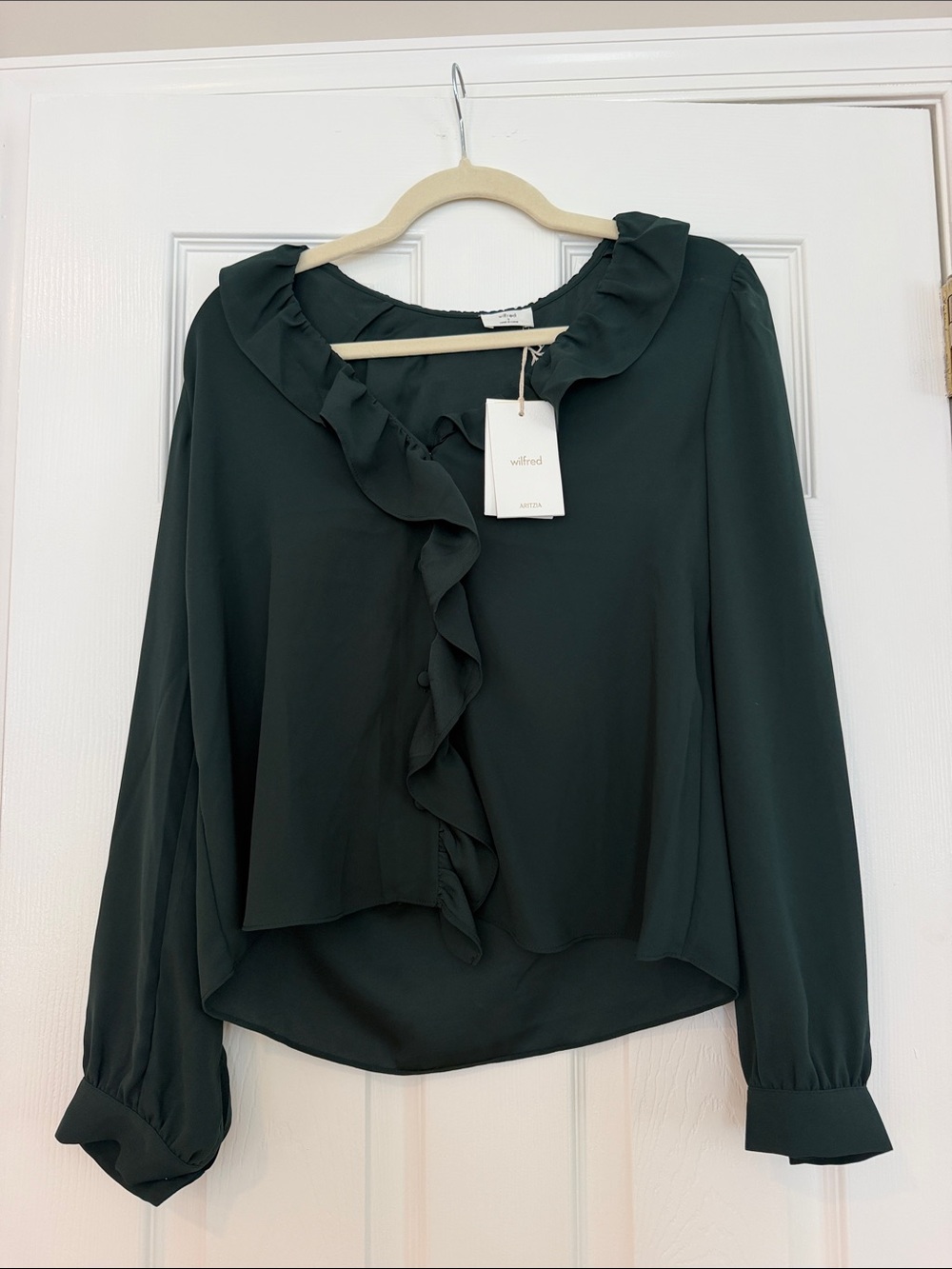 Aritzia Wilfred Forest Green Ruffle-Trim Button Front Blouse
